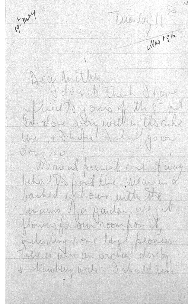 Captain Ernest Michael Green biography and original letters from 1916 explaining life in the trenches. 