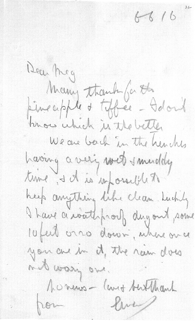 Captain Ernest Michael Green biography and original letters from 1916 explaining life in the trenches. 