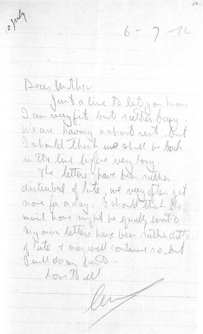 Captain Ernest Michael Green biography and original letters from 1916 explaining life in the trenches. 