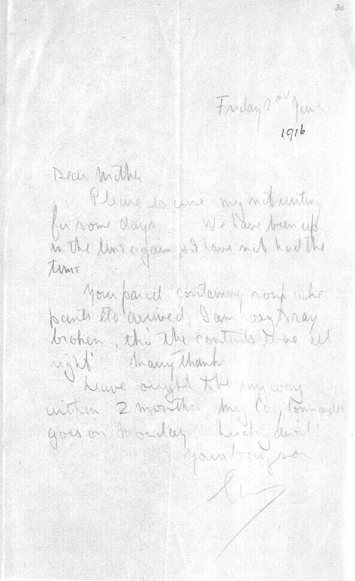 Captain Ernest Michael Green biography and original letters from 1916 explaining life in the trenches. 
