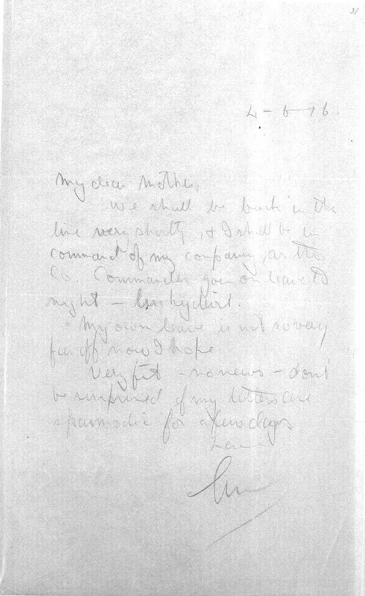 Captain Ernest Michael Green biography and original letters from 1916 explaining life in the trenches. 