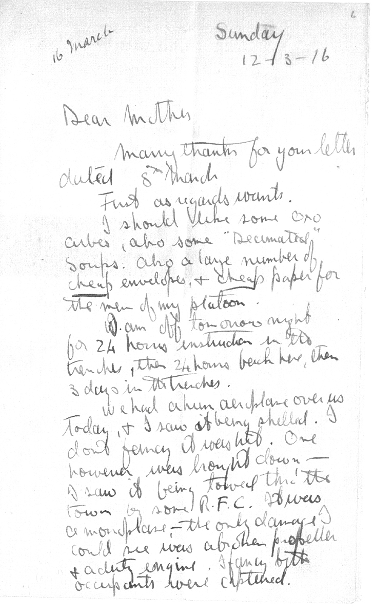 Captain Ernest Michael Green biography and original letters from 1916 explaining life in the trenches. 