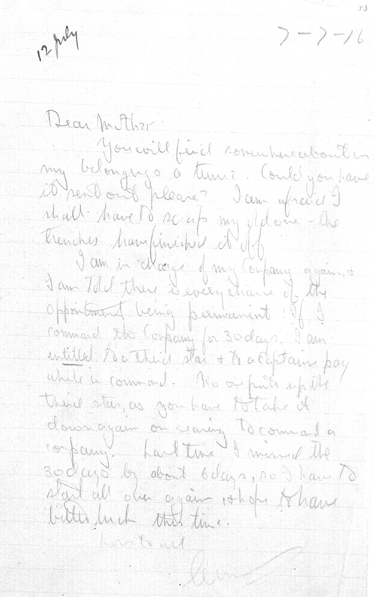 Captain Ernest Michael Green biography and original letters from 1916 explaining life in the trenches. 