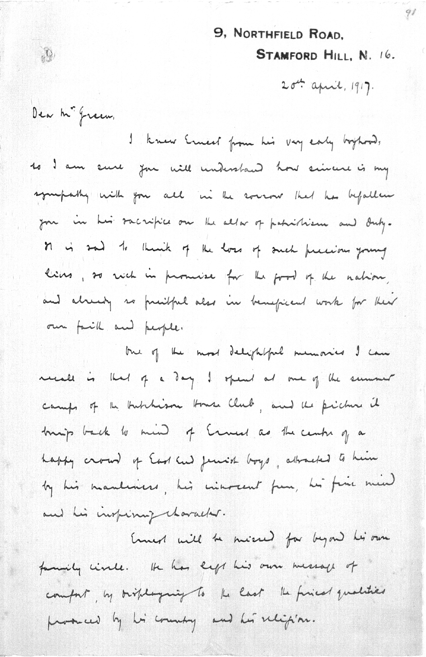 Captain Ernest Michael Green biography and original letters from 1916 explaining life in the trenches. 