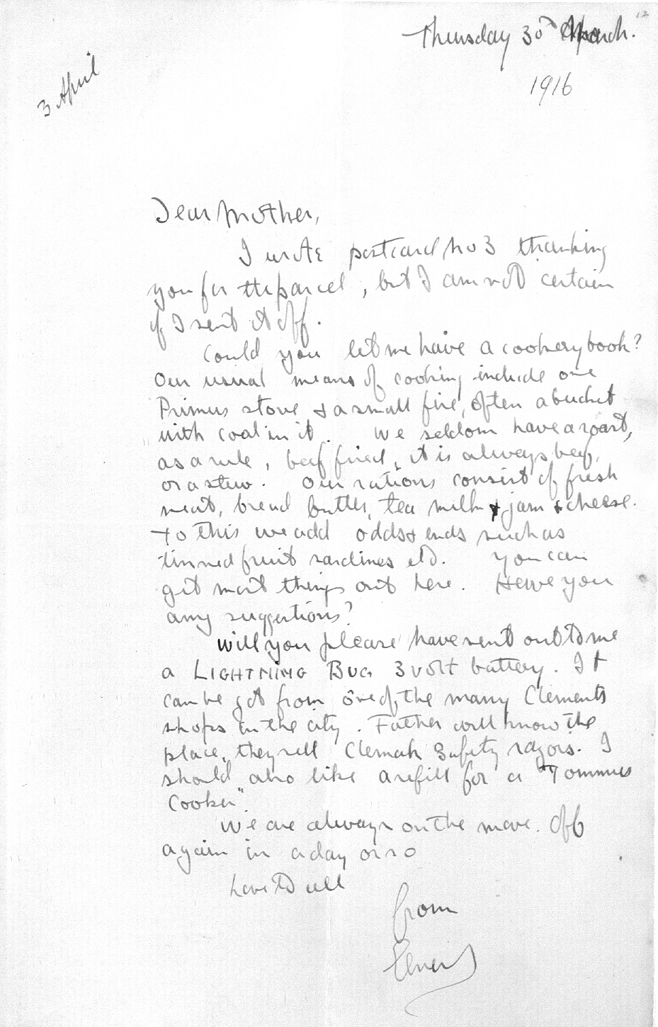 Captain Ernest Michael Green biography and original letters from 1916 explaining life in the trenches. 
