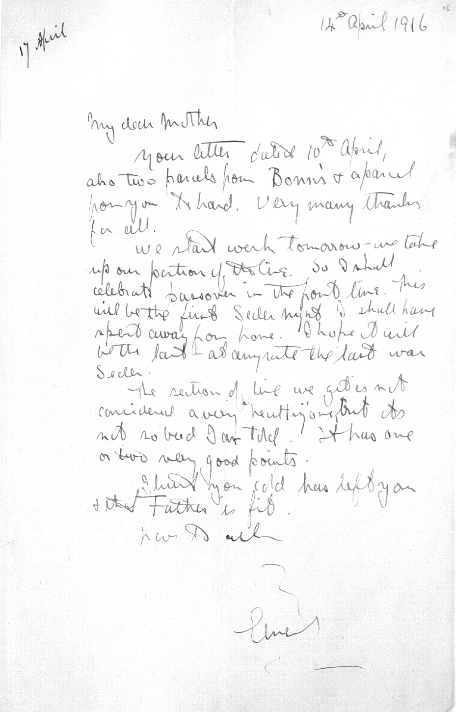 Captain Ernest Michael Green biography and original letters from 1916 explaining life in the trenches. 