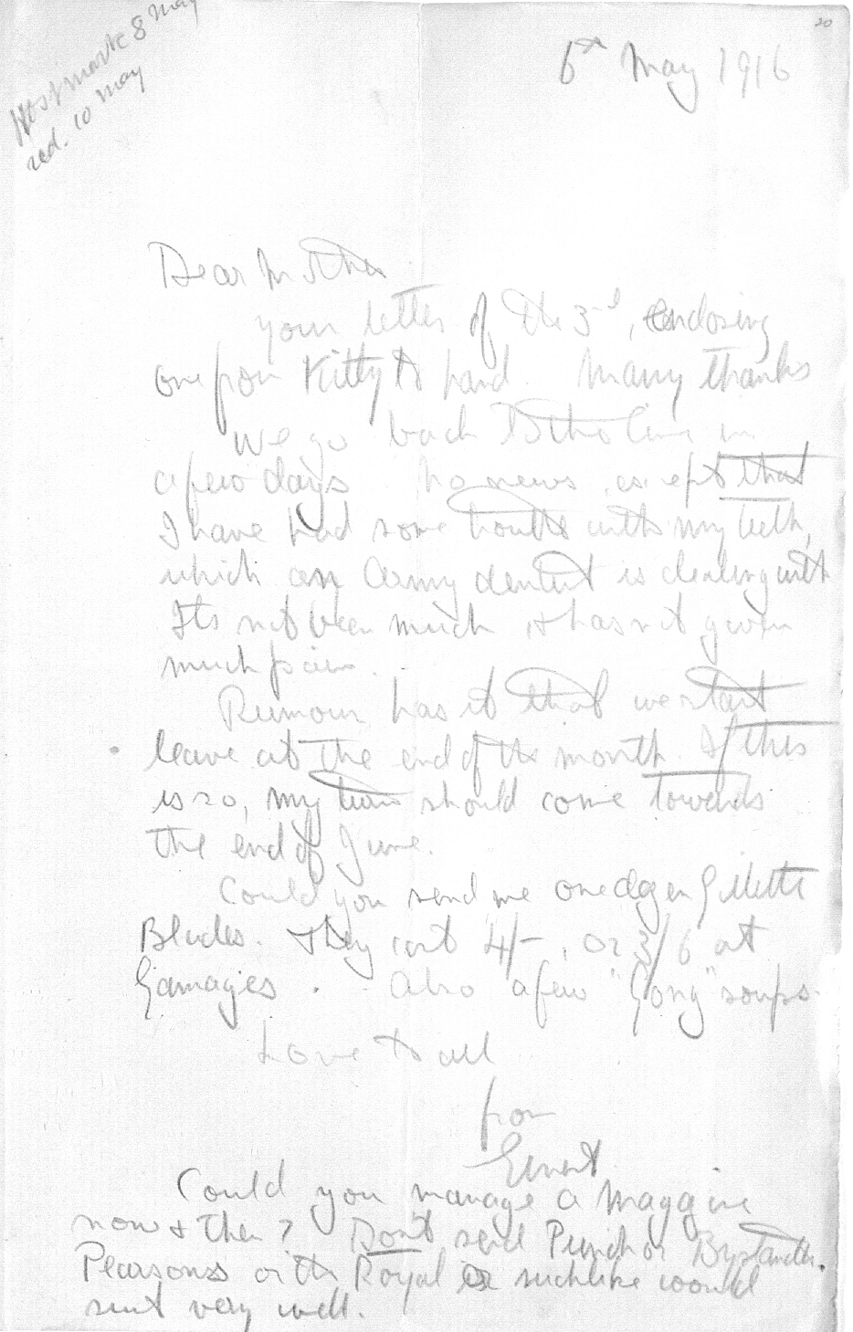 Captain Ernest Michael Green biography and original letters from 1916 explaining life in the trenches. 