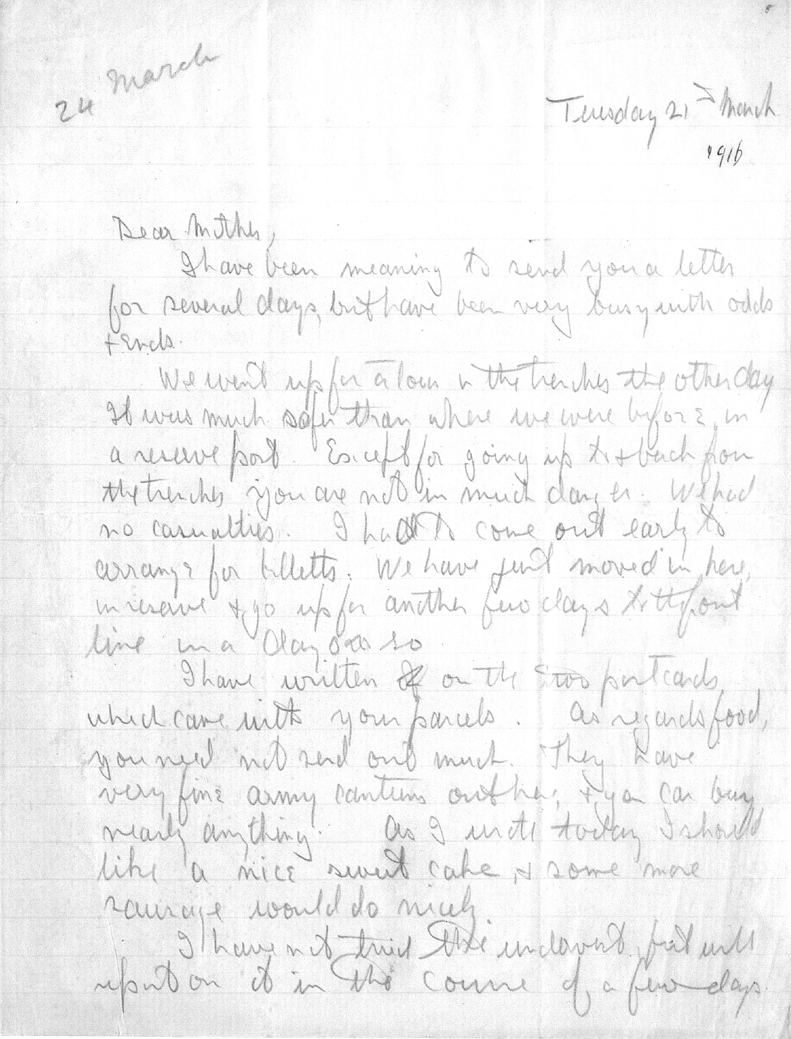 Captain Ernest Michael Green biography and original letters from 1916 explaining life in the trenches. 