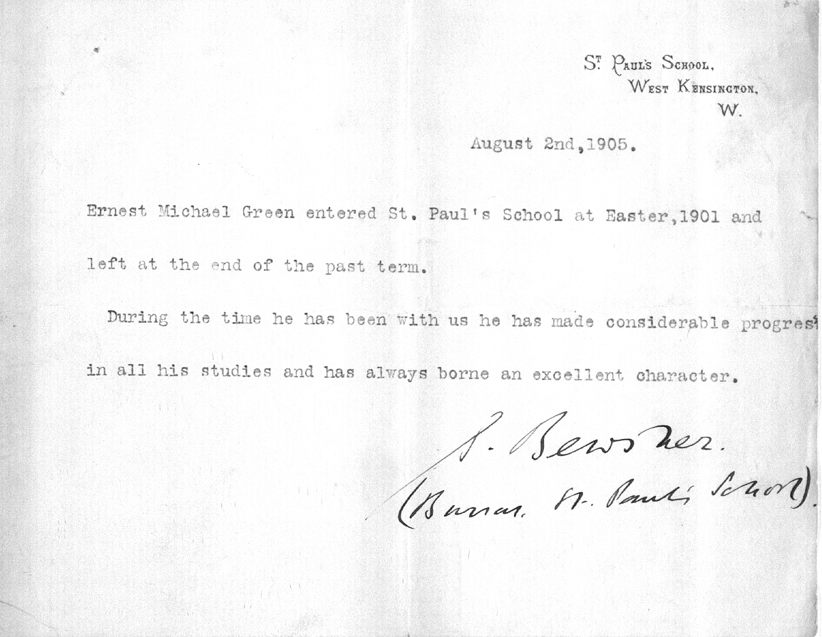 Captain Ernest Michael Green biography and original letters from 1916 explaining life in the trenches. 