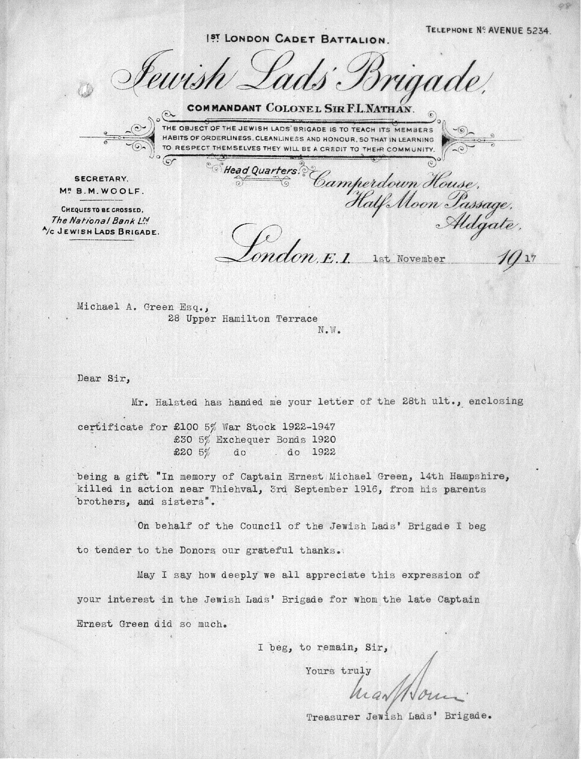 Captain Ernest Michael Green biography and original letters from 1916 explaining life in the trenches. 