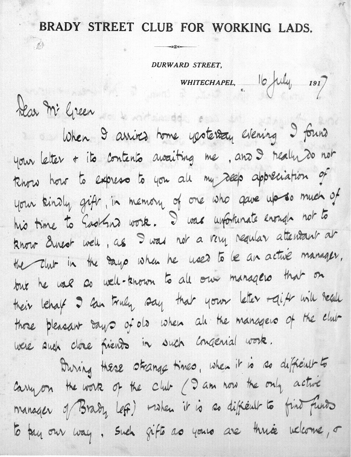 Captain Ernest Michael Green biography and original letters from 1916 explaining life in the trenches. 