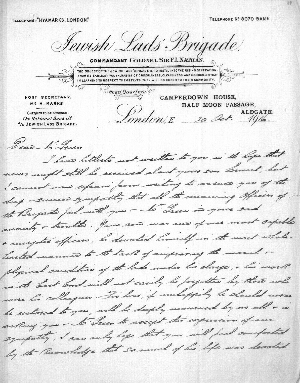 Captain Ernest Michael Green biography and original letters from 1916 explaining life in the trenches. 