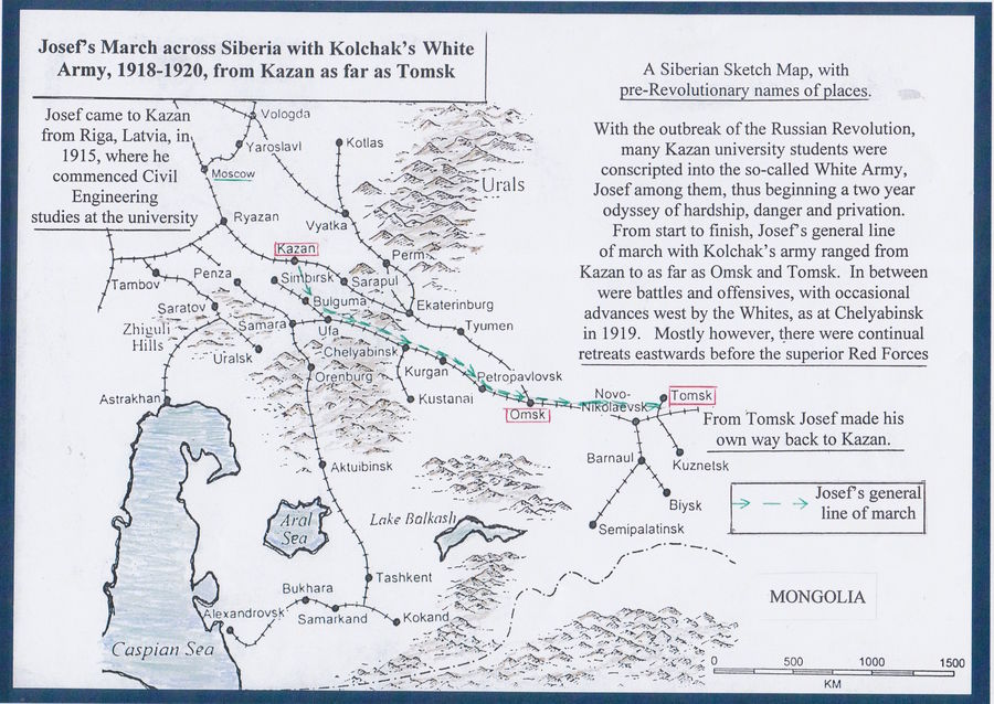 Josef march across Sibera with kolchak's White Army, 1918-1920, from Kazan to Tomsk. Map by Alec Hasenson