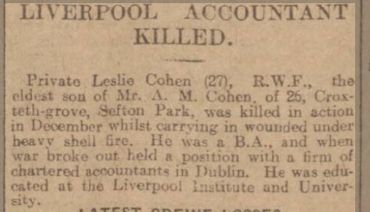 Announcement of Leslie's death in the Liverpool Echo, 10th Jan 1917