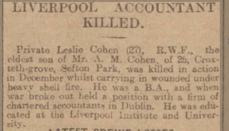 Announcement of Leslie's death in the Liverpool Echo, 10th Jan 1917