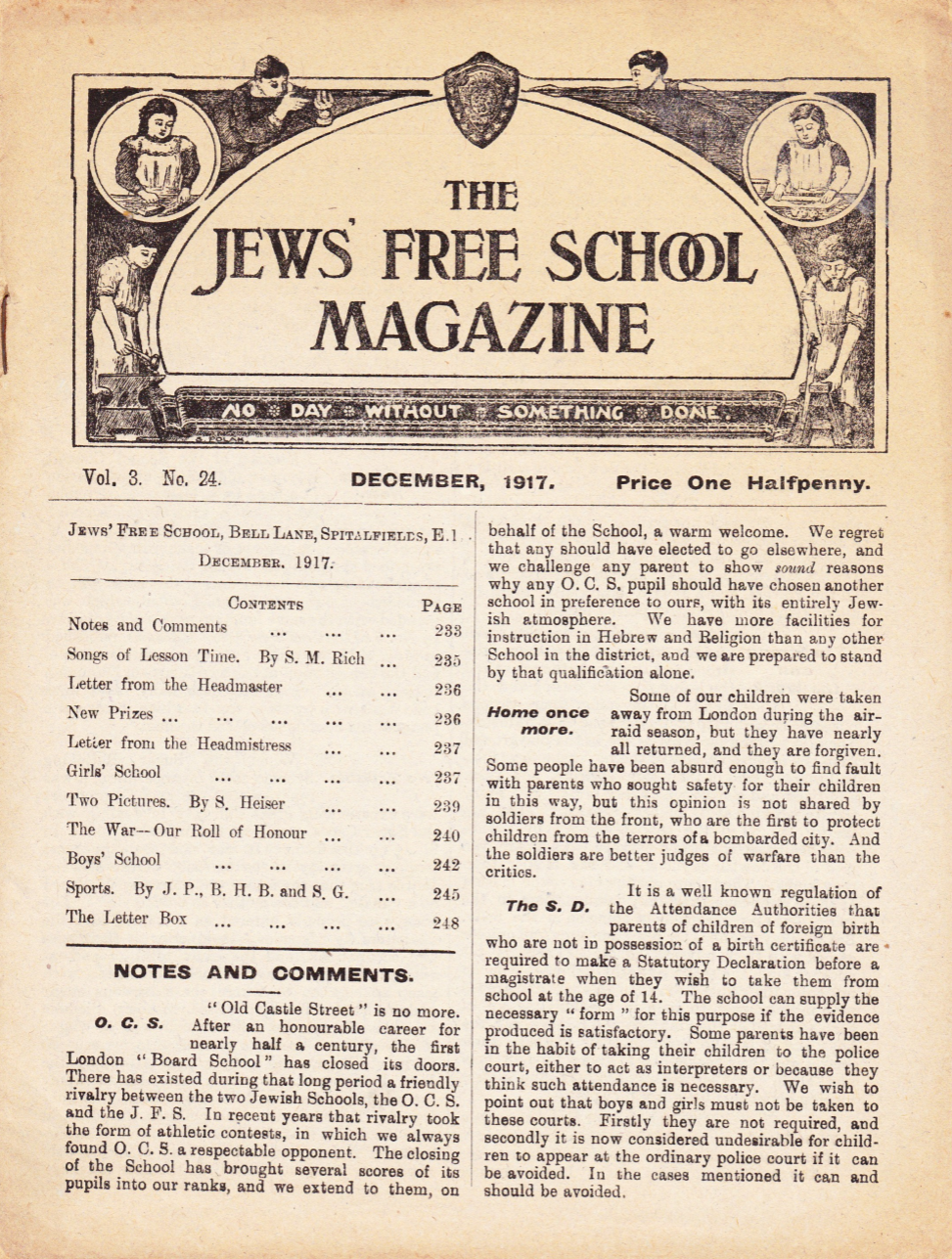 Cover. The Jews Free School, December 1917. Vol 3 Nº 24. Reproduced by kind permission of the Trustees of JFS,  © 2017