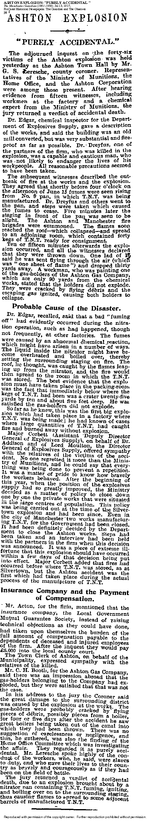 Manchester Guardian article - Outcome of Inquest, 13th July 1917