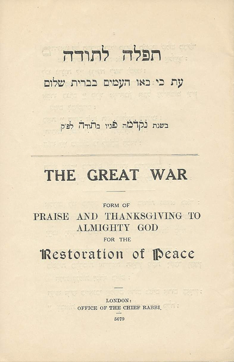 Restoration of Peace. Chief Rabbi. 1919