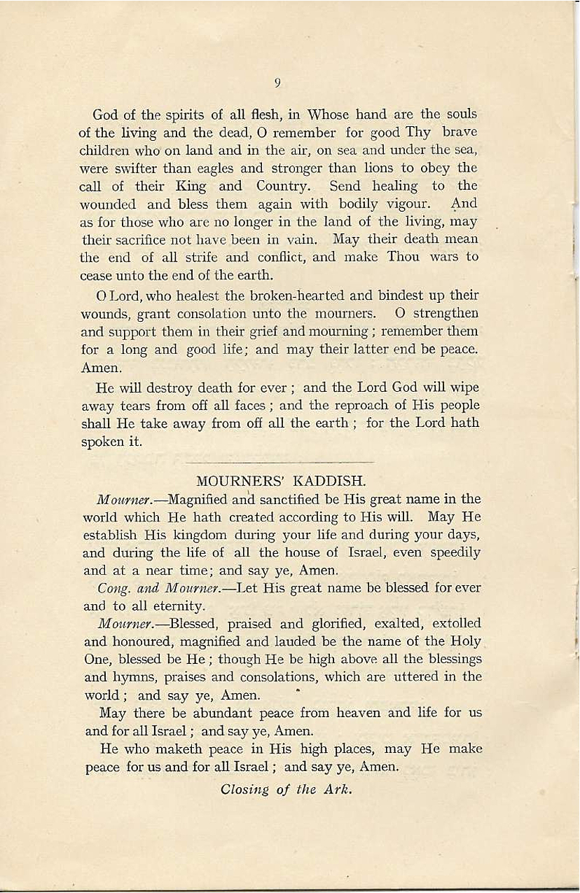 Restoration of Peace. Chief Rabbi. 1919