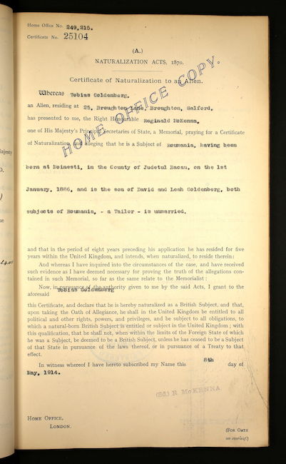 Naturalisation papers - May 1914