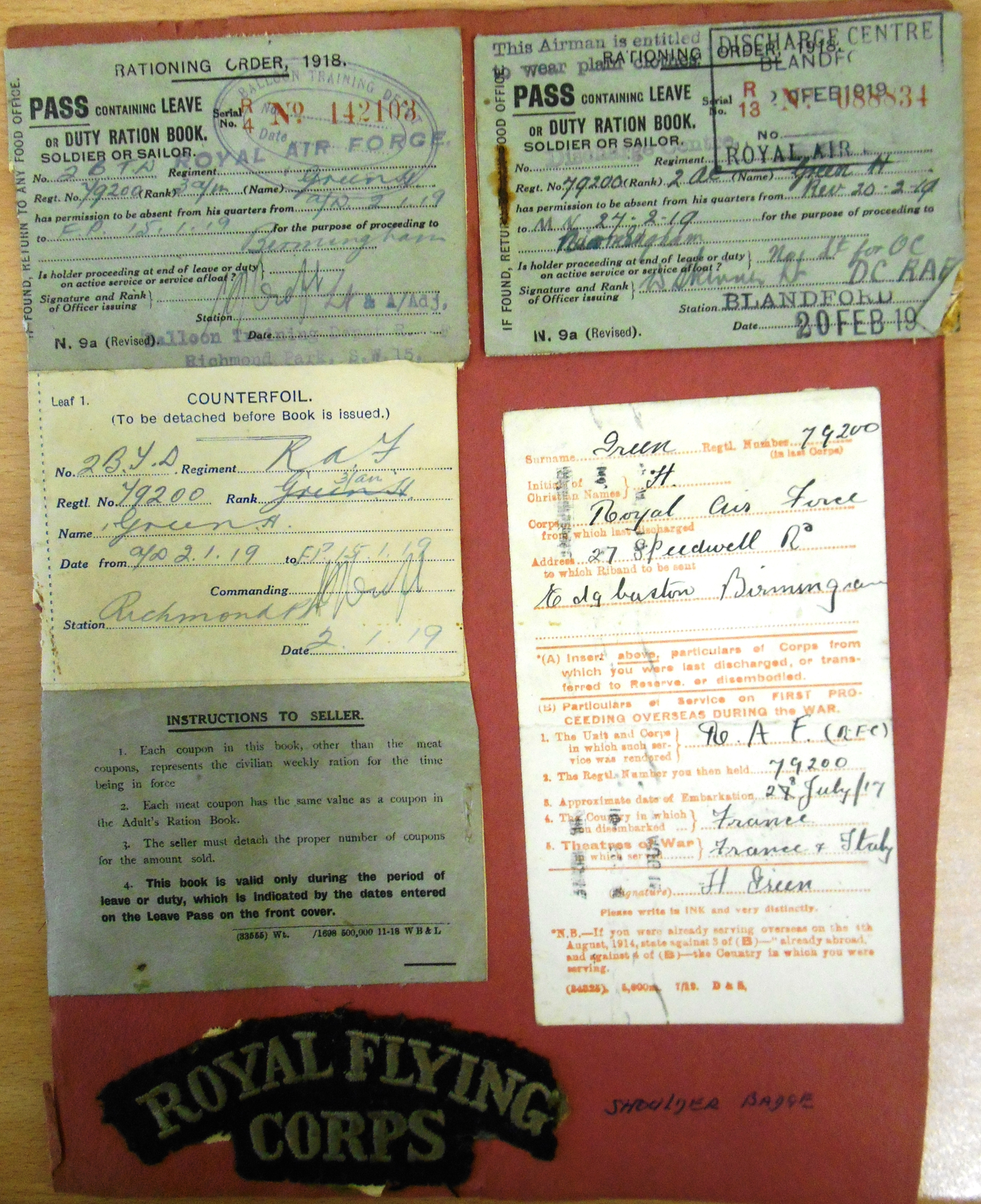 Duty Ration Book issued in February 1919, and Royal Flying Corps shoulder badge 