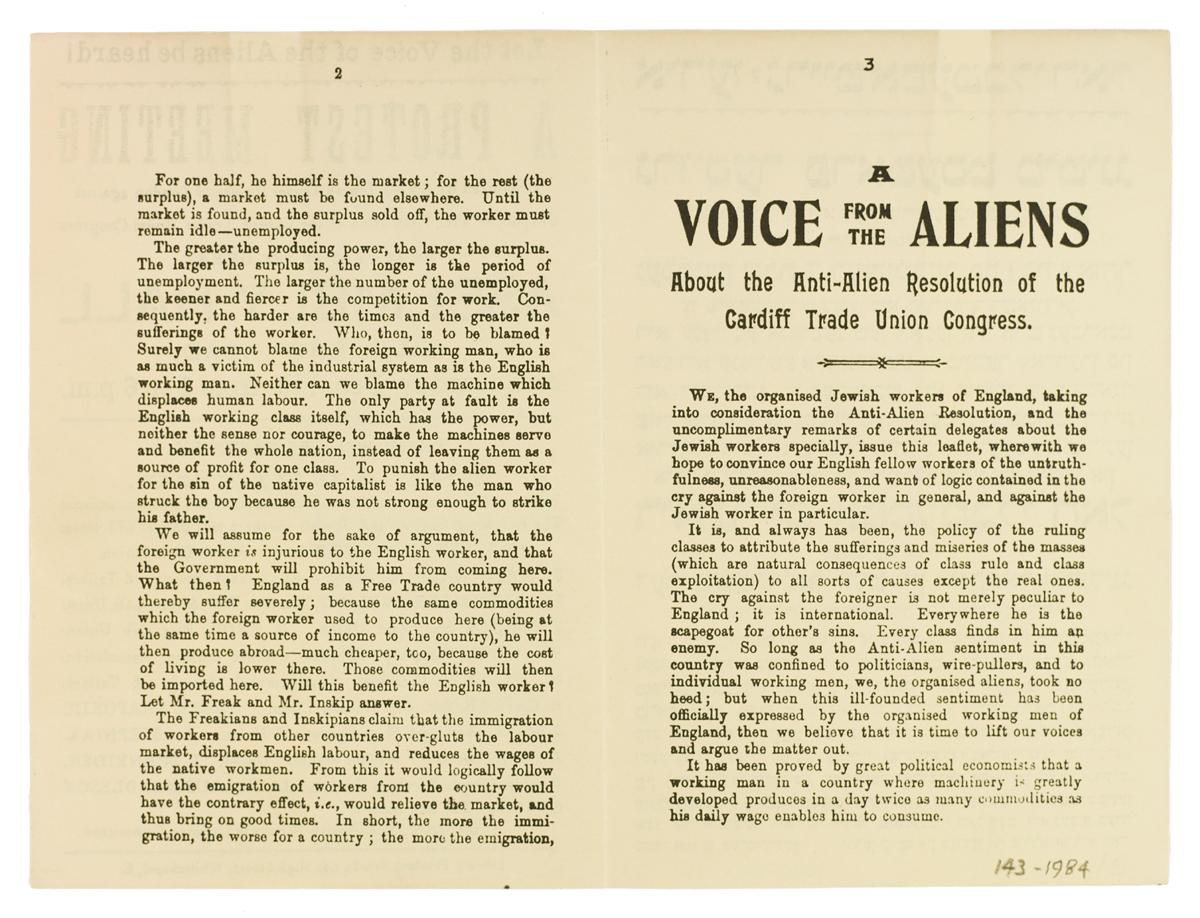 Flyer for a protest meeting held at the Great Assembly Hall, Mile End road on 7th December 1895. ©Jewish Museum London	