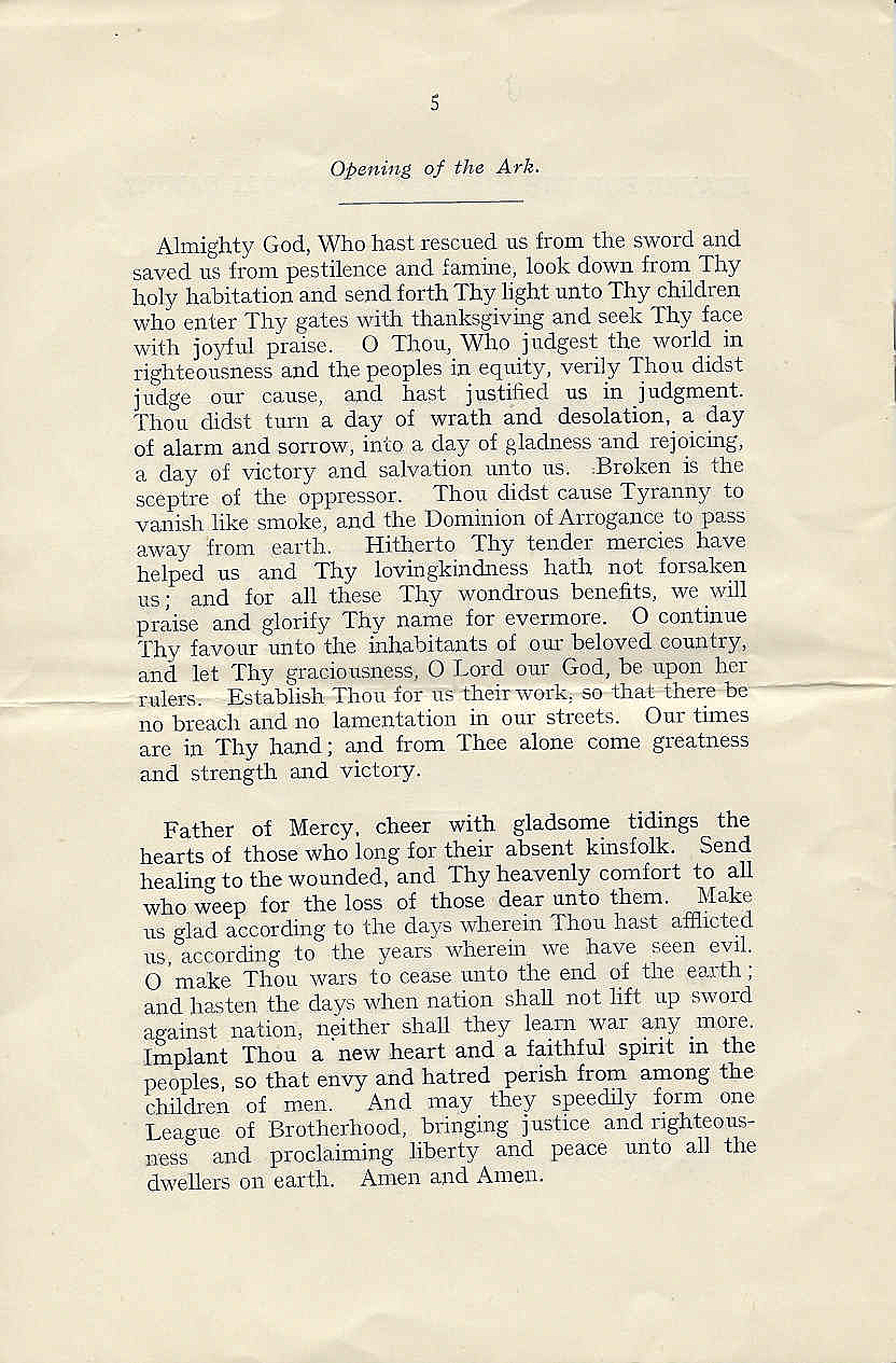 Praise and Thanksgiving to Almighty God consequent on the cessation of hostilities. Chief Rabbi. 1918