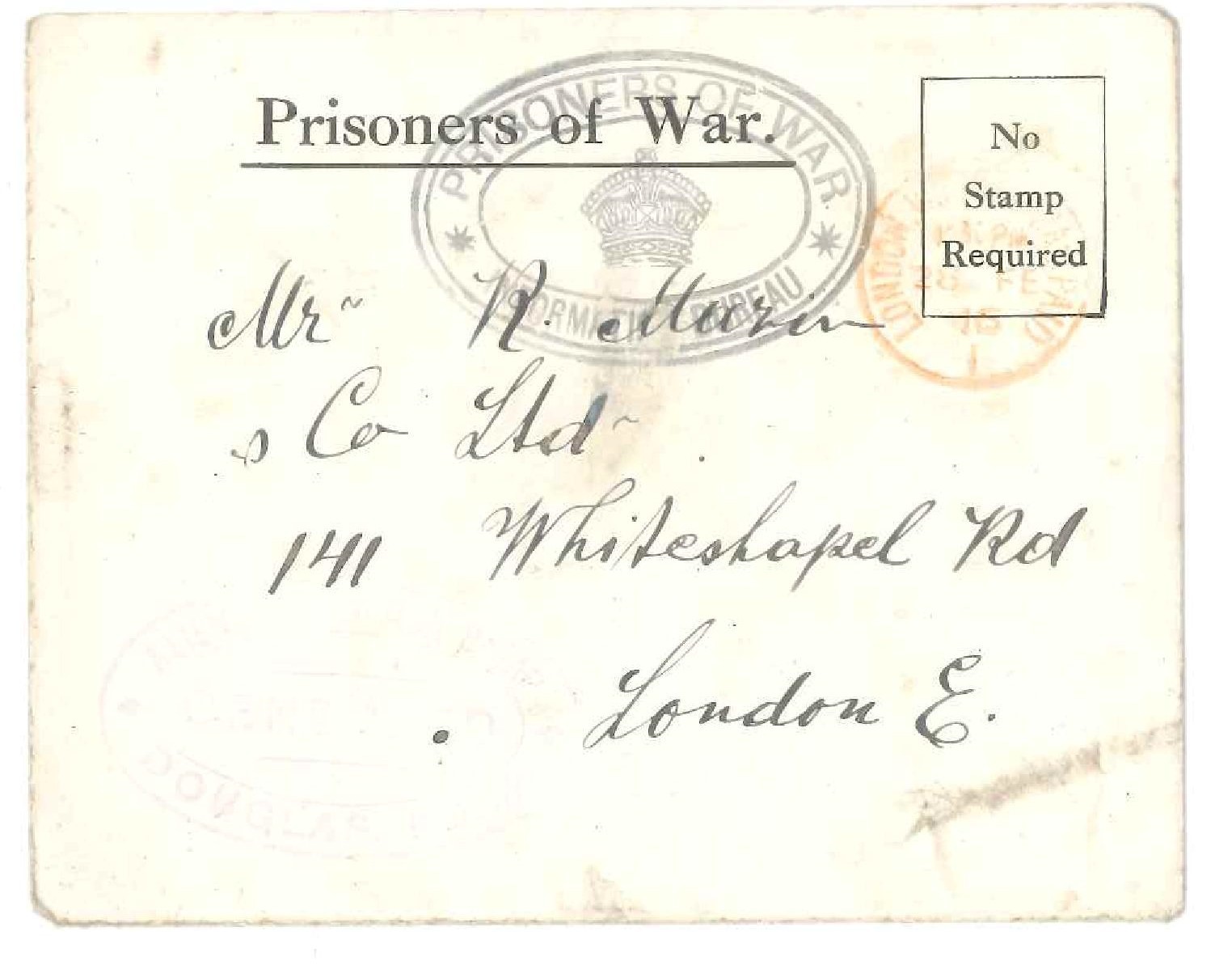 Front of envelope addressed to Mr Mazin