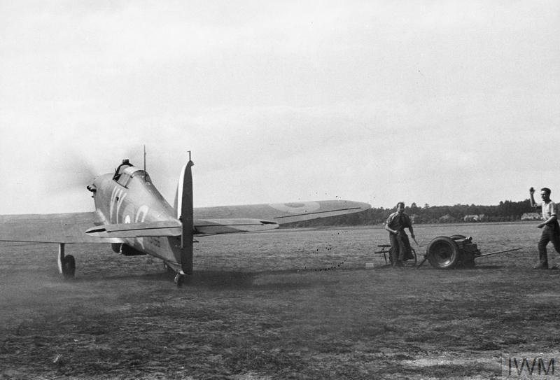 Hawker Hurricane Mk I P3166 VY-Q, taxiing out at Castle Camps, 25 July 1940. 