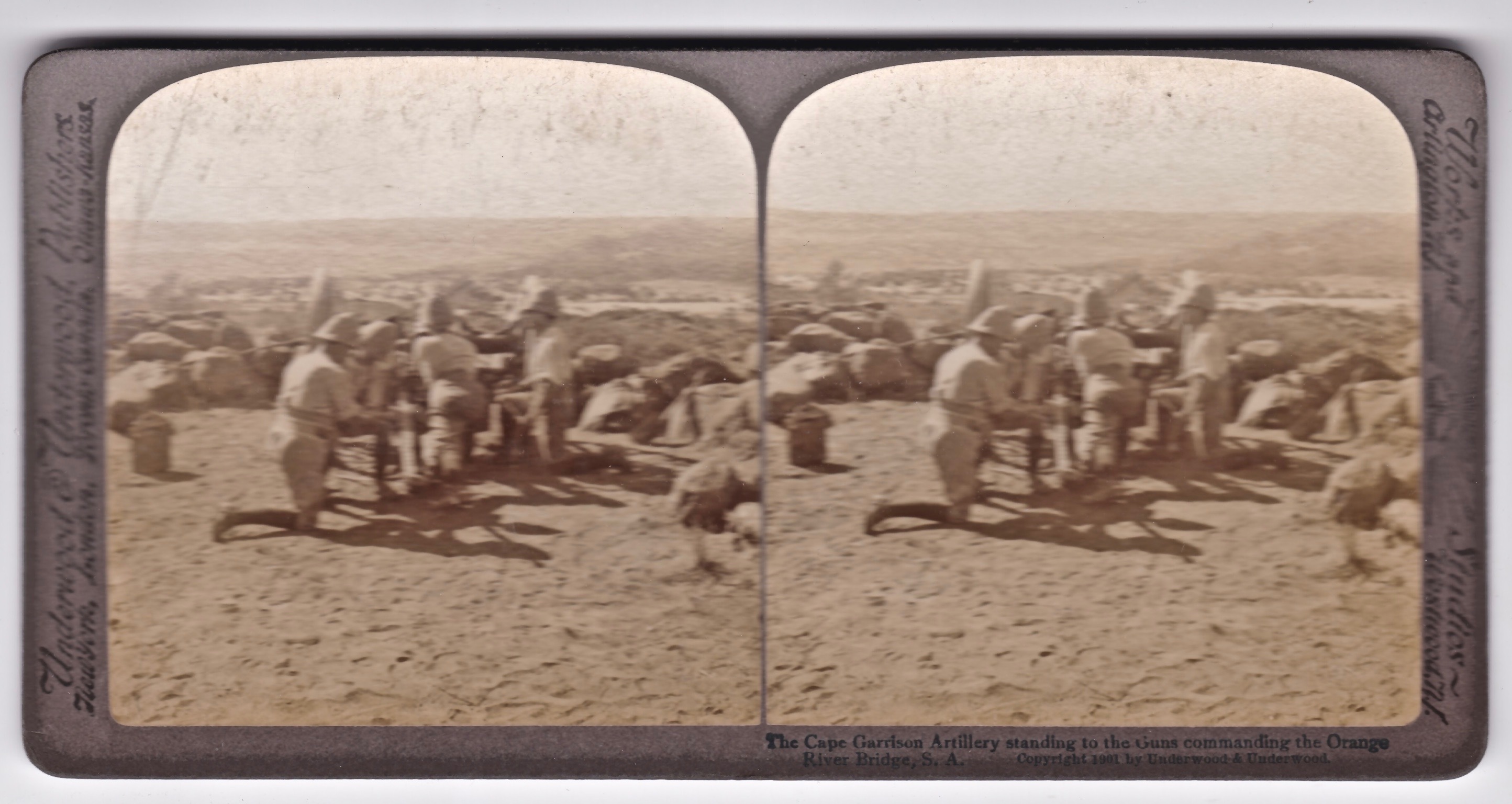 The Cape Garrison Artillery standing to the Guns commanding the Orange River Bridge. South Africa.