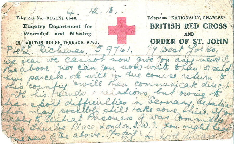 British Red Cross card 04-12-1918 Back page
