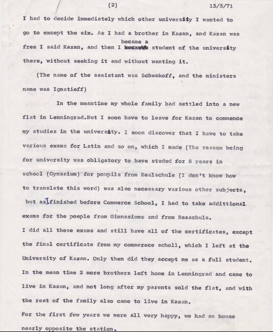 Josef Hasenson memories about First World War. 15/01/1971