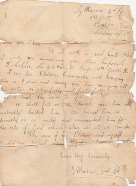 Letter from Commander to family on Sammy's death