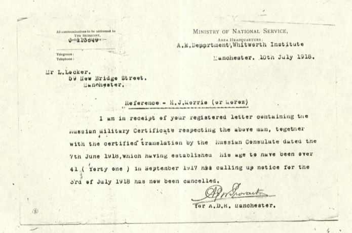 Harry Morris' cancelling of call-up, courtesy of Manchester Archives