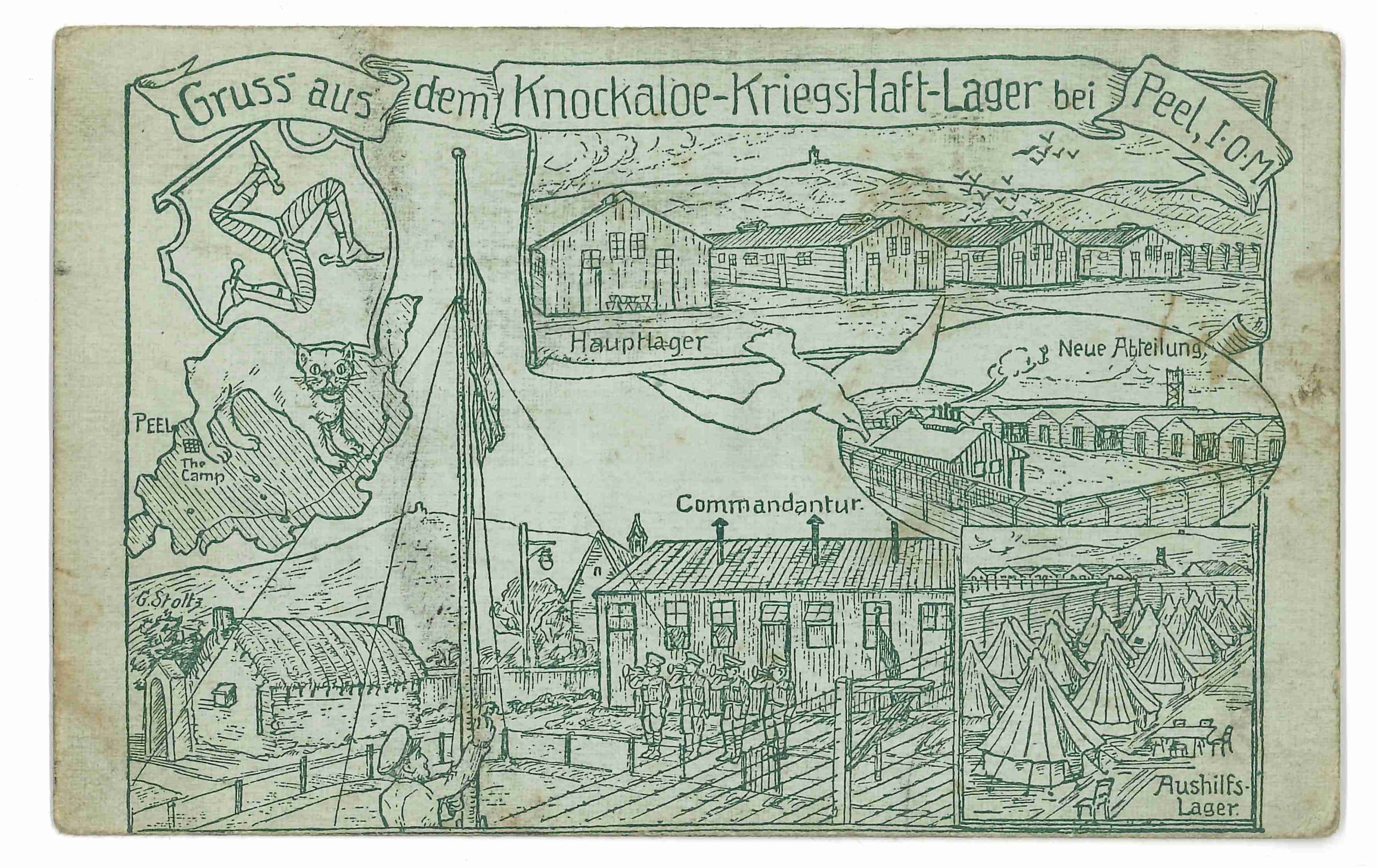 Postcard showing drawing of Knockaloe Farm on the Isle of Man, used as an interment camp during First World War (Manchester Jewish Museum)