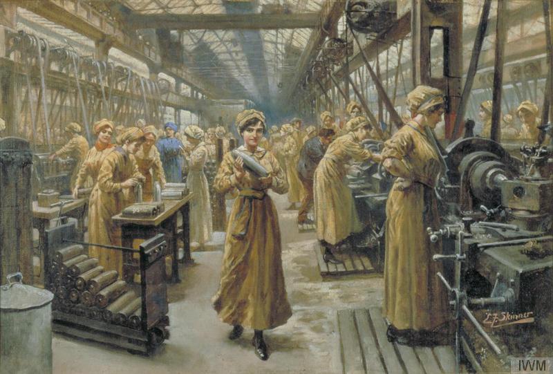 The interior of a munitions factory with female workers making shells. Skinner, Edward F. 1918 © IWM (Art.IWM ART 6513)