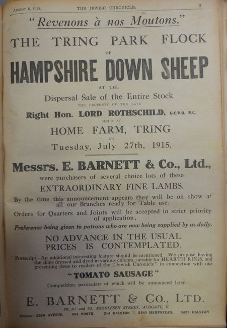 Barnett's advert. Jewish Chronicle. August 6 1915