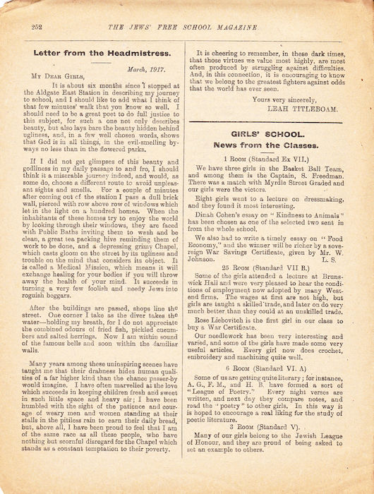 The Jews Free School Magazine, March 1918. Vol 3 Nº 25.	Reproduced by kind permission of the Trustees of JFS,  © 2017