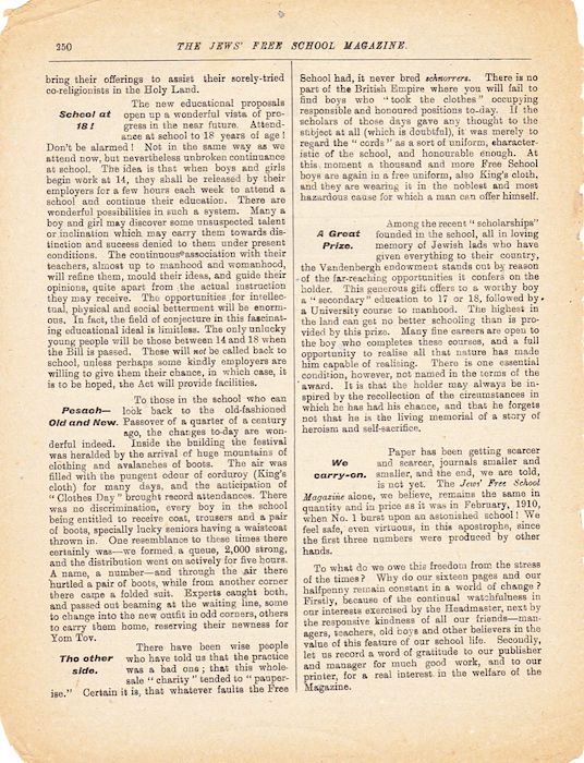 The Jews Free School Magazine, March 1918. Vol 3 Nº 25.	Reproduced by kind permission of the Trustees of JFS,  © 2017