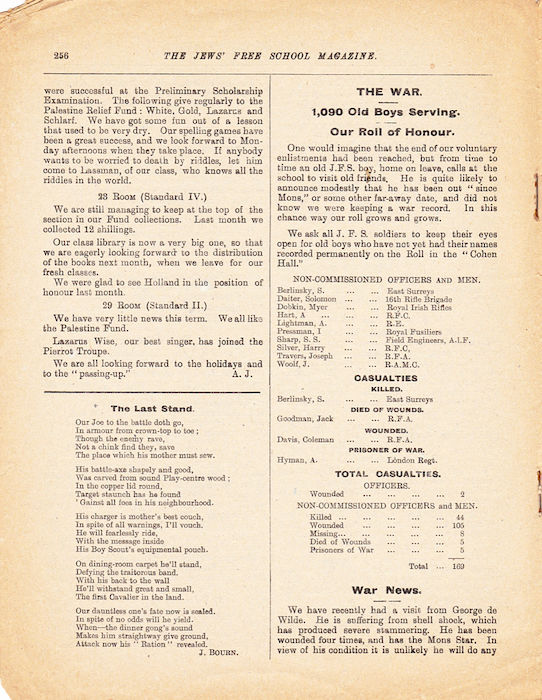 The Jews Free School Magazine, March 1918. Vol 3 Nº 25.	Reproduced by kind permission of the Trustees of JFS,  © 2017