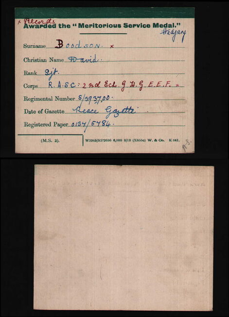 Medal Card for the Meritorious Service Medal