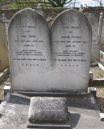 Parent's headstones with memorial to Joseph (East Ham Jewish Cemetery)