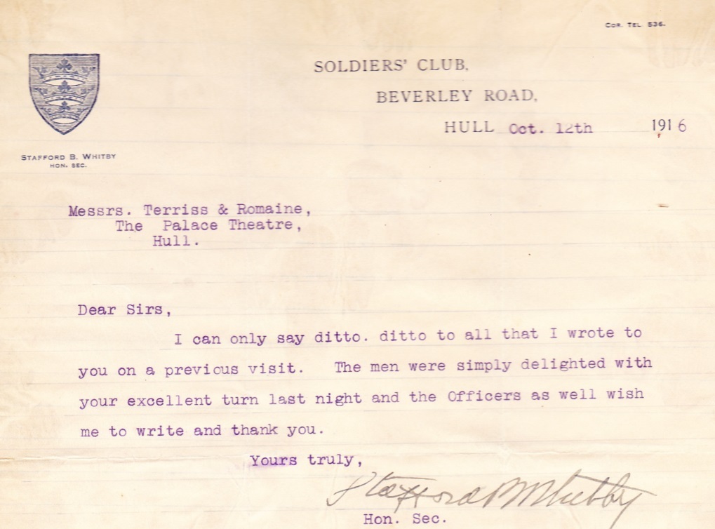 1916.10.12 Thanks from Soldiers Club Beverley