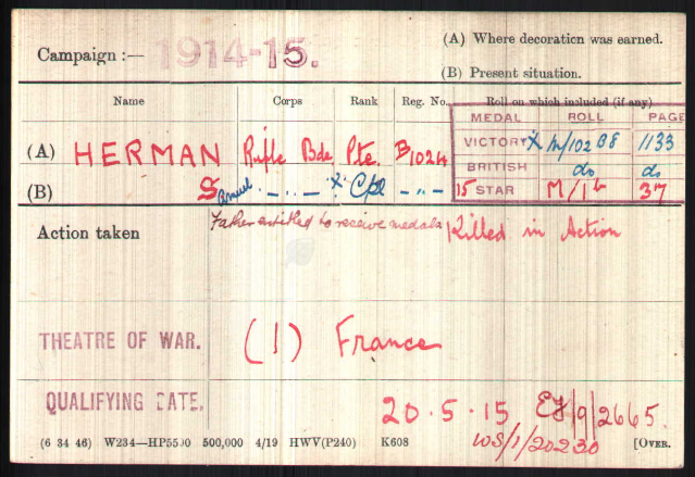 WW1 Medal Roll Index Card