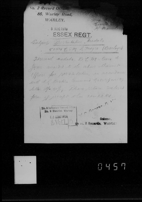Letter accompanying medals
