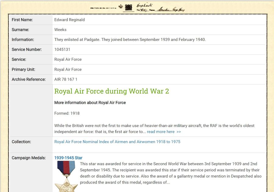 Forces War Records re WW1