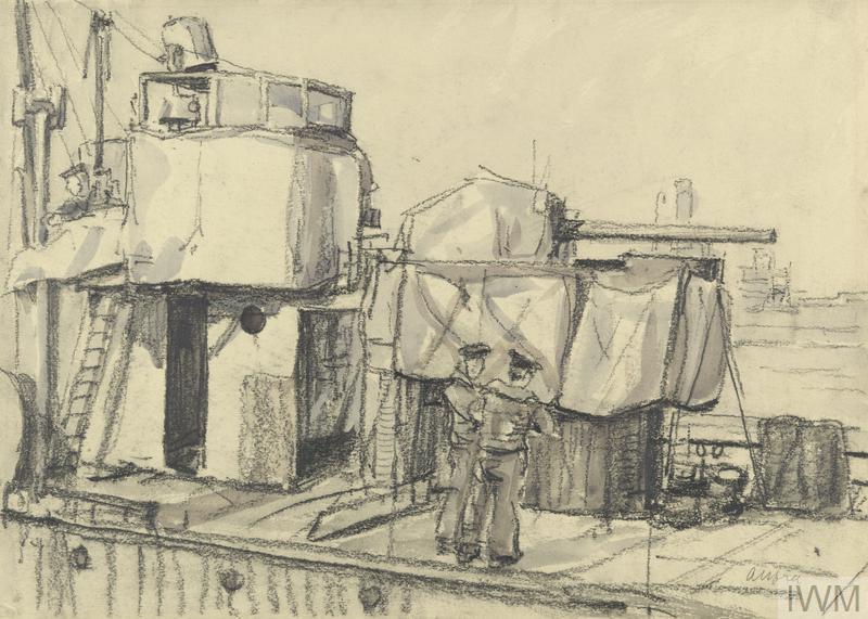 Drawing. A view of the deck of a small warship. Allfree, Geoffrey Stephen. © IWM (Art.IWM ART 780)