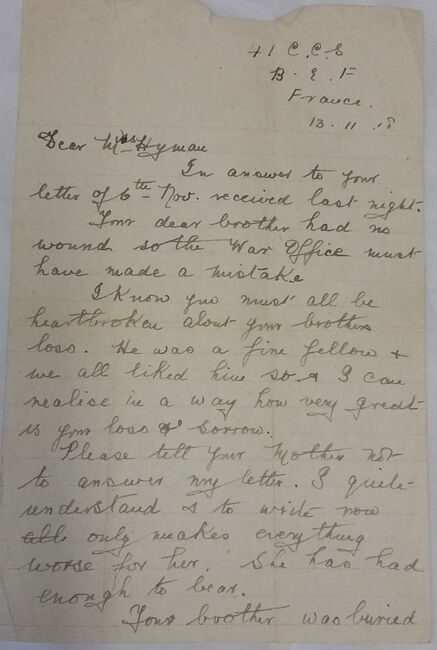 Letter from a nurse in France about the death of Ezra to his brother