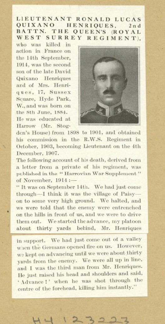 Lt Ronald Lucas Quixano Henriques Obituary - Joined Queen’s Royal Regiment in 1903 & was the first officer to be killed, on 14 September 1914