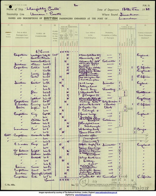 1939 Passenger List to Capetown